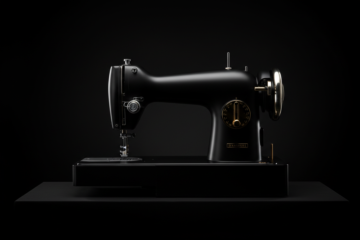 a luxury black sewing machine (with no name on the sewing machine) on a black background